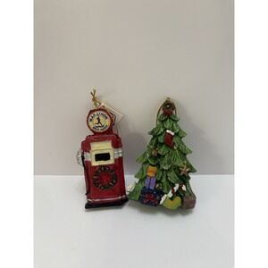 Lot of 2 Vintage Marathon Oil Collectible Christmas Ornaments Tree & Gas Pump